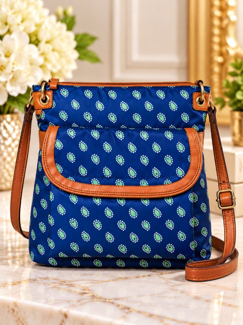 Laura Scott Blue Paisley Crossbody Bag Brown Trim Adjustable Shoulder Purse